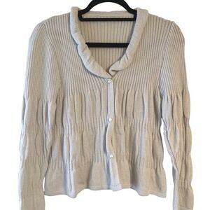 Grandma Grannycore Wool Gray Knit Cardigan Sweater Pearl Buttons Ruffle Neck S/M